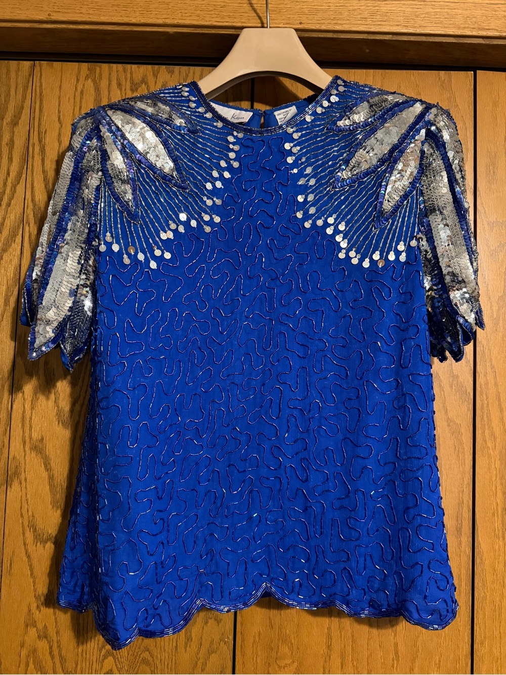 Laurence Kazar Vintage 80s Silk Beaded Top Blue Sequin Blouse Plus Size XL